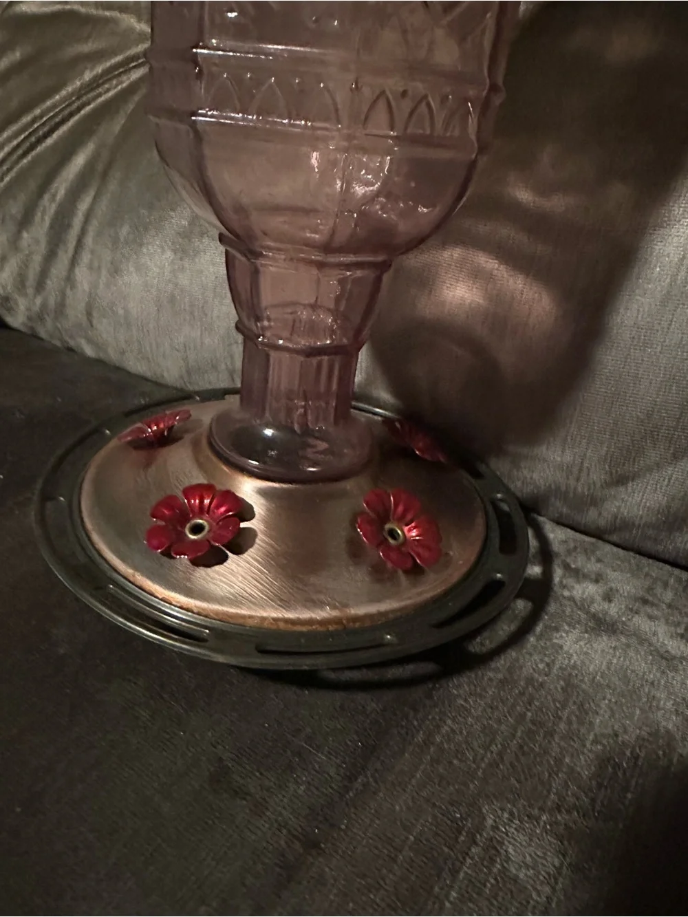 Vintage-Style Purple Glass Hummingbird Feeder with Decorative Base